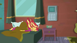 Size: 1366x768 | Tagged: safe, screencap, sunset shimmer, eqg summertime shorts, equestria girls, monday blues, ass up, barefoot, bed, clothes, cute, discovery family logo, feet, pajamas, pillow, shimmerbetes, sleeping, snoring, solo, sunset's apartment, the ass was fat