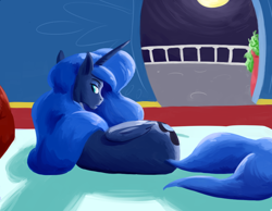 Size: 900x700 | Tagged: safe, artist:goat train, princess luna, alicorn, pony, back, bedroom, looking back, night, solo