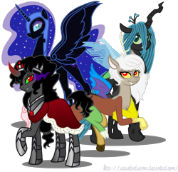 Size: 4000x3848 | Tagged: dead source, safe, artist:jaquelindreamz, discord, eris, king sombra, nightmare moon, queen chrysalis, queen umbra, changeling, changeling queen, draconequus, pony, unicorn, the crystal empire, female, rule 63, simple background, transparent background