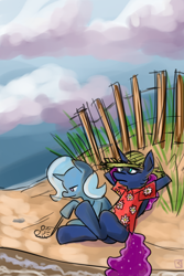 Size: 730x1095 | Tagged: safe, artist:fauxsquared, princess luna, trixie, alicorn, pony, beach, clothes, fence, luna-afterdark, shirt