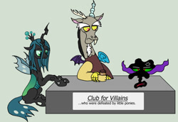 Size: 800x551 | Tagged: safe, artist:dragonblood6400, discord, king sombra, queen chrysalis, changeling, changeling queen, pony, umbrum, unicorn