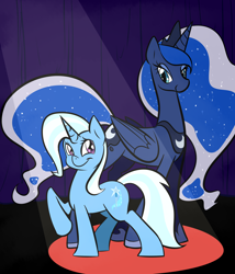 Size: 3000x3500 | Tagged: safe, artist:graphic-lee, princess luna, trixie, alicorn, pony, female, horn, mare, stage