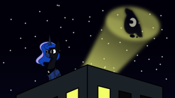 Size: 1280x720 | Tagged: safe, artist:secret-asian-man, princess luna, alicorn, pony, ask the princess of night, bat signal, batman, building, cutie mark, female, frown, glare, mare, mask, night, serious, serious face, sitting, sky, solo, stars