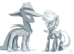 Size: 1024x745 | Tagged: safe, artist:raikoh, derpy hooves, mare do well, princess luna, alicorn, pegasus, pony, female, konami, mare, metal gear, metal gear rising, monochrome, raiden