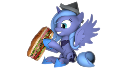 Size: 1920x1080 | Tagged: safe, artist:drdicksamazingstick, princess luna, alicorn, pony, 3d, cartographer's cap, cute, filly, food, hat, sandwich, simple background, sitting, smiling, solo, source filmmaker, woona, younger