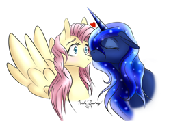 Size: 600x424 | Tagged: safe, artist:puppet-runo, fluttershy, princess luna, alicorn, pegasus, pony, female, heart, kissing, lesbian, lunashy, shipping, simple background