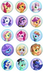 Size: 950x1625 | Tagged: safe, artist:ninjaham, apple bloom, applejack, babs seed, derpy hooves, dj pon-3, fluttershy, lyra heartstrings, pinkie pie, princess luna, rainbow dash, rarity, scootaloo, sweetie belle, trixie, twilight sparkle, vinyl scratch, alicorn, earth pony, pegasus, pony, unicorn, book, buttons, cutie mark crusaders, female, filly, hat, mane six, mare, top hat