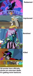 Size: 1264x2849 | Tagged: safe, edit, edited screencap, screencap, discord, king sombra, nightmare moon, queen chrysalis, changeling, changeling queen, draconequus, pony, unicorn, antagonist, female, implied death, male, meta