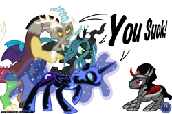 Size: 3600x2400 | Tagged: safe, artist:template93, discord, king sombra, nightmare moon, queen chrysalis, changeling, changeling queen, pony, unicorn, antagonist, disapproval, sombra drama, sombrabuse