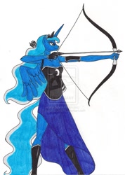 Size: 754x1059 | Tagged: dead source, safe, artist:13foxywolf666, princess luna, anthro, archer, archery, arrow, bow (weapon), bow and arrow, solo, watermark, weapon