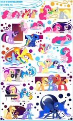 Size: 1880x3133 | Tagged: safe, artist:ctb-36, apple bloom, applejack, big macintosh, derpy hooves, dj pon-3, fluttershy, gummy, octavia melody, pinkie pie, princess luna, rainbow dash, rarity, scootaloo, spike, spitfire, sweetie belle, trixie, twilight sparkle, twilight sparkle (alicorn), vinyl scratch, winona, alicorn, dragon, earth pony, pegasus, pony, unicorn, armor, cape, clothes, cutie mark crusaders, female, flying, hat, ice cream, keyboard, magic, mane seven, mane six, mare, microphone, moon, mouth hold, musical instrument, night, pillow, record, saxophone, singing