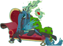 Size: 1573x1164 | Tagged: dead source, safe, artist:cruddydoodles, queen chrysalis, changeling, changeling queen, female, magic, sofa, solo, wine