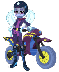 Size: 662x817 | Tagged: safe, sugarcoat, equestria girls, friendship games, biker jacket, clothes, female, gloves, helmet, motorcross, motorcross outfit, motorcycle, official, solo