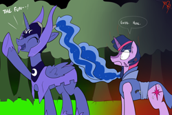 Size: 1280x853 | Tagged: safe, artist:cymek, princess luna, twilight sparkle, alicorn, pony, anti-mage, crossover, dota 2, forest, luna the moon rider