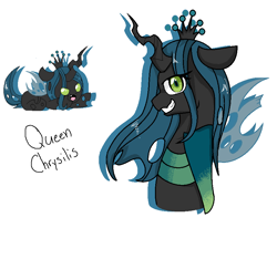 Size: 838x783 | Tagged: dead source, safe, artist:sweetypiethefox147, queen chrysalis, changeling, changeling queen, bust, chibi, female, looking at you, portrait, profile, prone, simple background, smiling, solo, white background