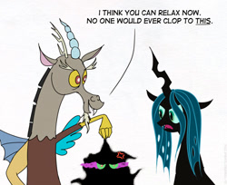 Size: 500x408 | Tagged: safe, artist:el-yeguero, discord, king sombra, queen chrysalis, changeling, changeling queen, unicorn, female, horn, male, stallion