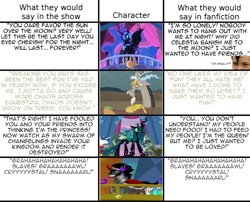 Size: 1239x1000 | Tagged: safe, edit, edited screencap, screencap, discord, king sombra, nightmare moon, queen chrysalis, changeling, changeling queen, pony, unicorn, a canterlot wedding, friendship is magic, the crystal empire, the return of harmony, draco in leather pants, fanfic, female, gentaro kisaragi, kamen rider, kamen rider fourze, meta, one of these things is not like the others, text