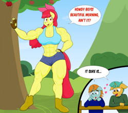 Size: 4030x3574 | Tagged: safe, artist:matchstickman, apple bloom, snails, snips, anthro, earth pony, plantigrade anthro, unicorn, abs, apple, apple bloom's bow, apple bloomed, apple brawn, apple tree, armpits, biceps, boots, bow, breasts, clothes, deltoids, dialogue, female, fence, fingerless gloves, floating heart, floppy ears, gloves, hair bow, hand on hip, heart, infatuation, looking at you, male, mare, matchstickman's apple brawn series, midriff, muscles, muscular female, older, older apple bloom, pecs, redraw, shipping, shoes, short jeans, snailbloom, snipsbloom, speech bubble, sports bra, straight, sweet apple acres, talking to viewer, thighs, thunder thighs, tree, trio