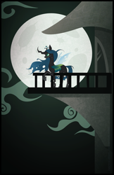 Size: 1200x1854 | Tagged: dead source, safe, artist:thenecrobalam, queen chrysalis, changeling, changeling queen, castle, moon, night, solo