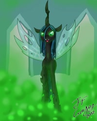 Size: 1600x2000 | Tagged: safe, artist:devorer, queen chrysalis, changeling, changeling queen, female, green eyes, horn, solo