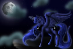 Size: 2048x1369 | Tagged: safe, artist:5fox55, princess luna, alicorn, pony, eyes closed, magic, moon, solo