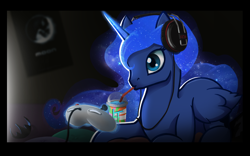 Size: 1680x1050 | Tagged: safe, artist:i-am-knot, princess luna, alicorn, pony, dark, drink, gamer luna, headset, solo, video game