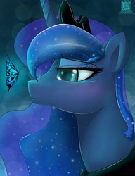 Size: 3333x4333 | Tagged: safe, artist:unnop64, princess luna, alicorn, butterfly, pony, blue, glow, smiling, solo