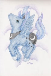 Size: 1024x1514 | Tagged: safe, artist:elisto, princess luna, alicorn, pony, g1, cloud, g4 to g1, generation leap, simple background, solo, traditional art