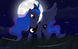 Size: 1120x712 | Tagged: safe, artist:hydrusbeta, princess luna, alicorn, pony, glowing horn, grass, moon, night, solo