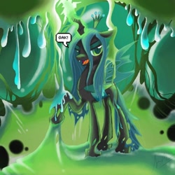 Size: 600x600 | Tagged: safe, artist:twintailsinc, edit, queen chrysalis, changeling, changeling queen, cocoon, dialogue, fangs, female, gak, lidded eyes, looking at you, magic, open mouth, raised hoof, slime, smiling, solo, speech bubble, standing