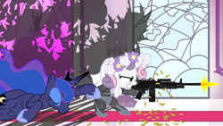 Size: 6400x3600 | Tagged: safe, artist:beavernator, princess luna, sweetie belle, sweetie bot, alicorn, changeling, pony, assault rifle, bipedal, crysis, eyes closed, floral head wreath, glare, gritted teeth, gun, holding hooves, hoof hold, injured, m249, machine gun, nanosuit, ponies with guns, prone, pulling, rifle, shooting, teeth, weapon