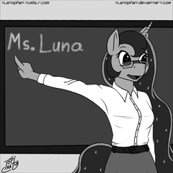 Size: 1024x1024 | Tagged: safe, artist:tlatophat, princess luna, anthro, clothes, glasses, solo, teacher