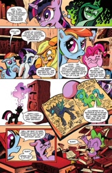 Size: 903x1388 | Tagged: safe, artist:andypriceart, idw, applejack, pinkie pie, princess cadance, queen chrysalis, rainbow dash, rarity, spike, twilight sparkle, unicorn twilight, alicorn, changeling, changeling queen, dragon, earth pony, pegasus, pony, unicorn, the return of queen chrysalis, spoiler:comic, advertisement, angry, book, comic, damon knight, disguise, disguised changeling, evil grin, glow, golden oaks library, grin, herding cats, idw advertisement, invasion of the body snatchers, issue 1, jack finney, magic, official comic, parchment, preview, quill, smiling, to serve man