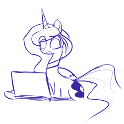 Size: 1152x1152 | Tagged: safe, artist:riskii, princess luna, alicorn, pony, computer, monochrome, solo