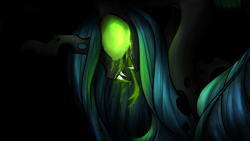 Size: 1200x675 | Tagged: safe, artist:kairaanix, queen chrysalis, changeling, changeling queen, fangs, female, glowing eyes, solo, tongue out