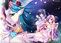 Size: 1392x973 | Tagged: safe, artist:sakuranoruu, princess cadance, queen chrysalis, twilight sparkle, human, a canterlot wedding, anime, clothes, horn, horned humanization, humanized, this day aria, winged humanization