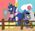 Size: 2095x1867 | Tagged: safe, artist:rapidstrike, idw, pinkie pie, princess luna, bat pony, earth pony, pony, balloon, clothes, cotton candy, festival, food, fun, magic, magic shirt, ponytail, royal guard, t-shirt, teddy bear, telekinesis