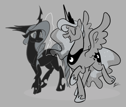 Size: 500x424 | Tagged: safe, artist:egophiliac, princess luna, oc, oc:imogen, alicorn, changeling, changeling queen, pony, changeling oc, changeling queen oc, female, grayscale, monochrome, moonstuck, older, queen imogen