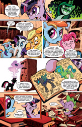 Size: 1040x1600 | Tagged: safe, idw, applejack, pinkie pie, princess cadance, queen chrysalis, rainbow dash, rarity, spike, twilight sparkle, alicorn, changeling, changeling queen, dragon, earth pony, pegasus, pony, unicorn, the return of queen chrysalis, spoiler:comic, comic, disguise, disguised changeling, evil grin, grin, issue 1, official, preview, smiling