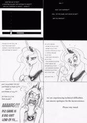 Size: 886x1250 | Tagged: safe, artist:leovictor, princess luna, alicorn, pony, action 52, angry, angry video game nerd, confused, derp, gamer luna, hair pulling, hoof hold, monochrome, open mouth, raised eyebrow, screaming, steam, vulgar, wide eyes