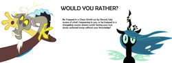 Size: 1912x700 | Tagged: safe, discord, queen chrysalis, changeling, changeling queen, meta, text, would you rather