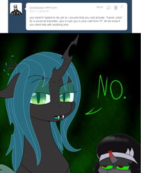 Size: 751x927 | Tagged: safe, artist:skoon, king sombra, queen chrysalis, changeling, changeling queen, pony, unicorn, ask, ask sissy king sombra, no, tumblr