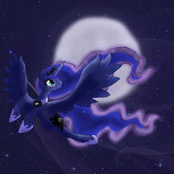 Size: 999x999 | Tagged: safe, artist:london13ridges, princess luna, alicorn, pony, flying, moon, night, solo