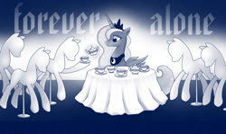 Size: 1480x880 | Tagged: safe, artist:rainbow, princess luna, alicorn, pony, forever alone, lonely, mannequin, meme, sad, solo, tea, tea party, teacup, teapot