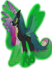 Size: 900x1293 | Tagged: safe, artist:100yearslater, princess cadance, queen chrysalis, alicorn, changeling, changeling queen, pony, cadance two face, character to character, crown, disguise, disguised changeling, duality, evil grin, fake cadance, fangs, female, glow, glowing horn, grin, hoof shoes, jewelry, magic, mare, peytral, regalia, simple background, smiling, solo, spread wings, standing, teeth, transparent background, wings
