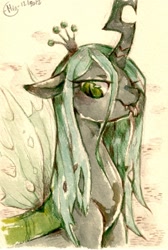 Size: 507x756 | Tagged: safe, artist:mi-eau, queen chrysalis, changeling, changeling queen, female, quadrupedal, sketch, solo, tongue out, traditional art