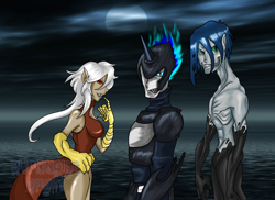 Size: 900x656 | Tagged: safe, artist:icedroplet, darkhorse knight, discord, eris, king metamorphosis, nightmare moon, queen chrysalis, humanized, rule 63