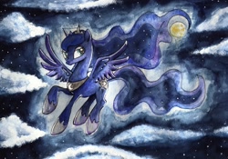 Size: 2000x1403 | Tagged: safe, artist:nightrosi, princess luna, alicorn, pony, cloud, cloudy, moon, night, solo, traditional art