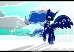 Size: 3506x2480 | Tagged: safe, artist:eztp, princess luna, alicorn, pony, cloud, cloudy, day, smiling, snow, snowfall, solo