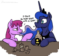 Size: 1019x953 | Tagged: safe, artist:selenophile, berry punch, berryshine, princess luna, alicorn, pony, alcohol, bar, drunk, shot glass, surprised